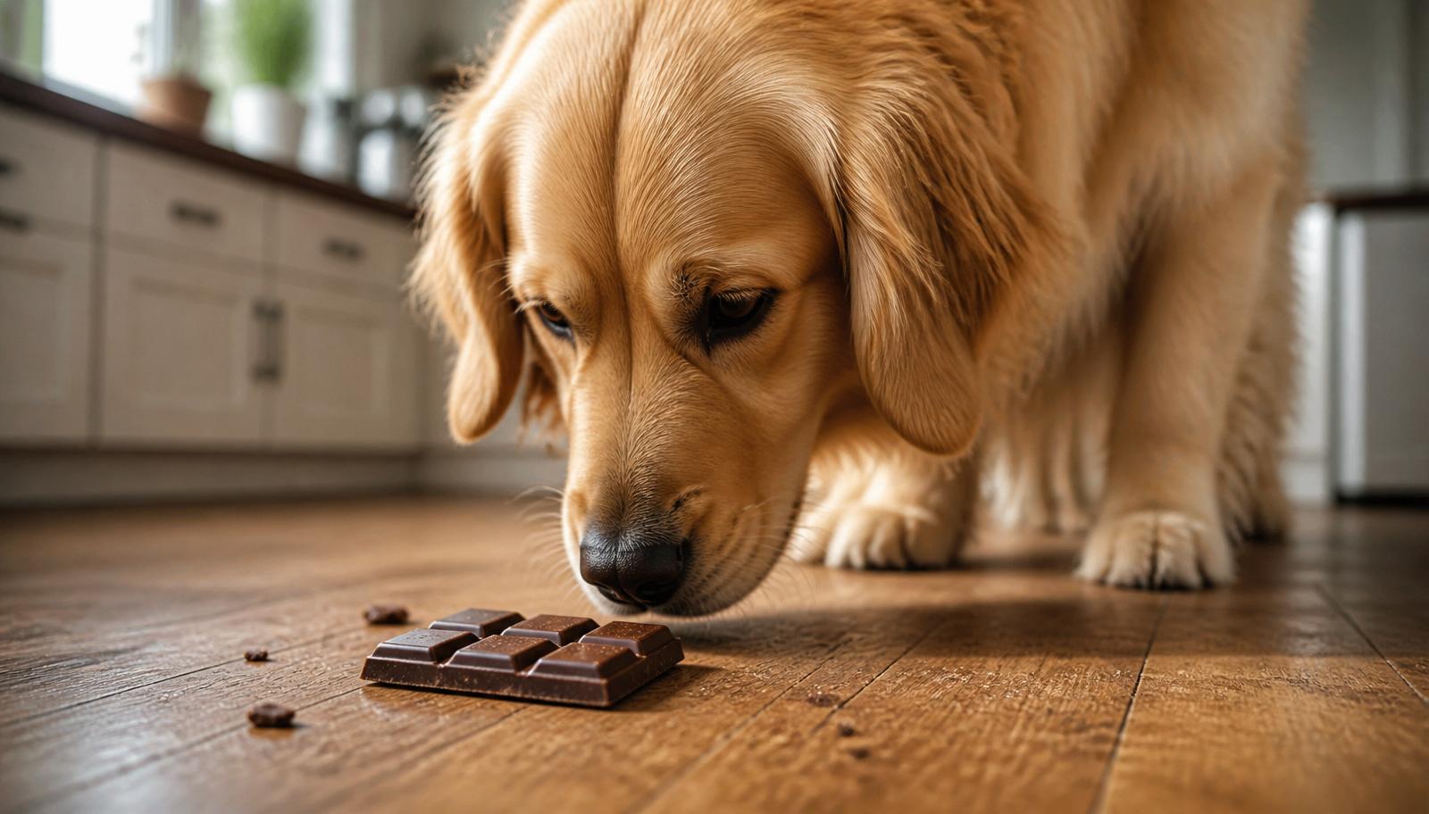 Golden retriever sniffing a broken piece of dark chocolate on a kitchen floor