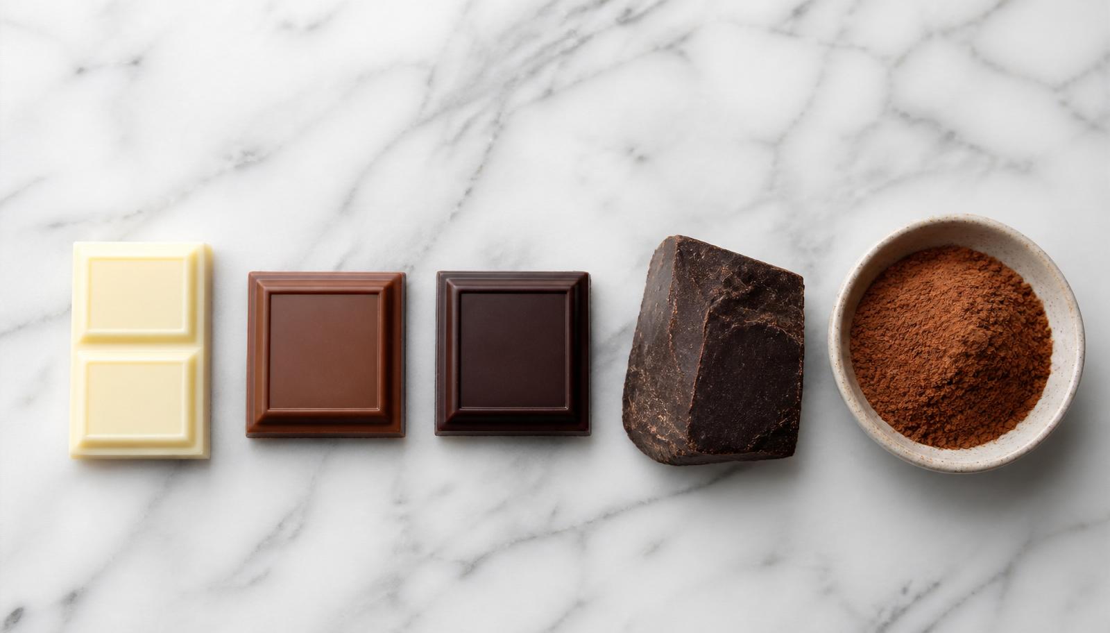 Five types of chocolate laid out on marble: white, milk, dark, baker's block and cocoa powder in a bowl