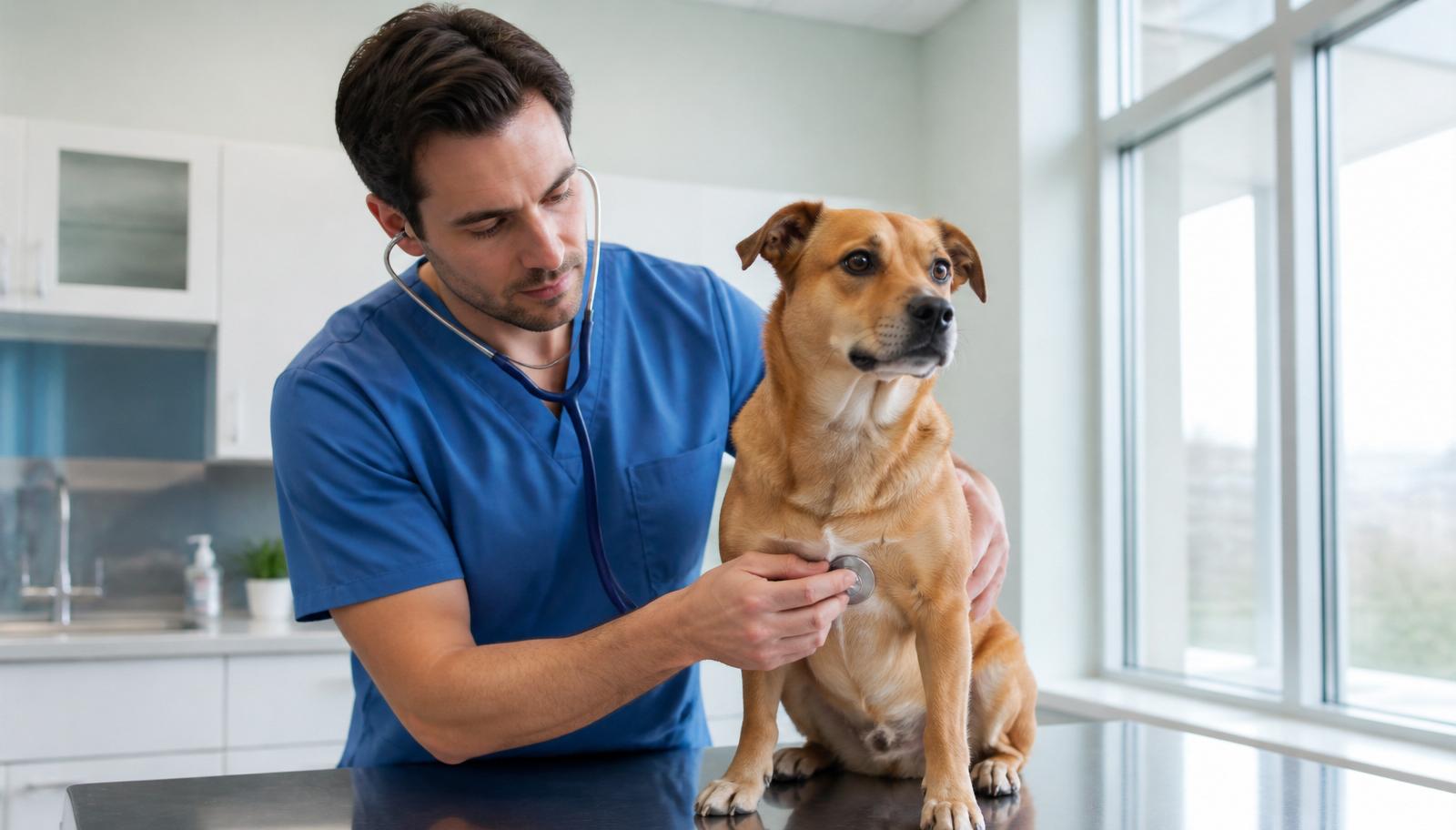 Veterinarian in blue scrubs using a stethoscope to examine a calm brown dog on an exam table