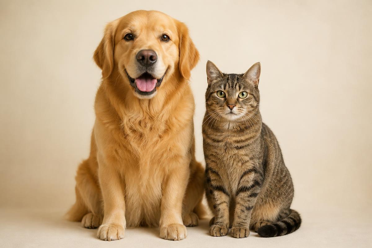Golden retriever dog and tabby cat sitting side by side, ready for a pet calorie, weight and age calculation