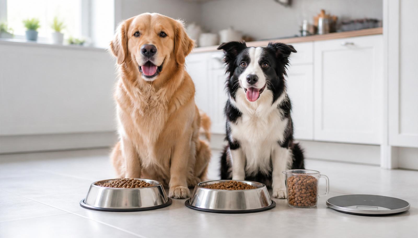 Golden retriever and border collie beside bowls of kibble with a measuring cup and kitchen scale